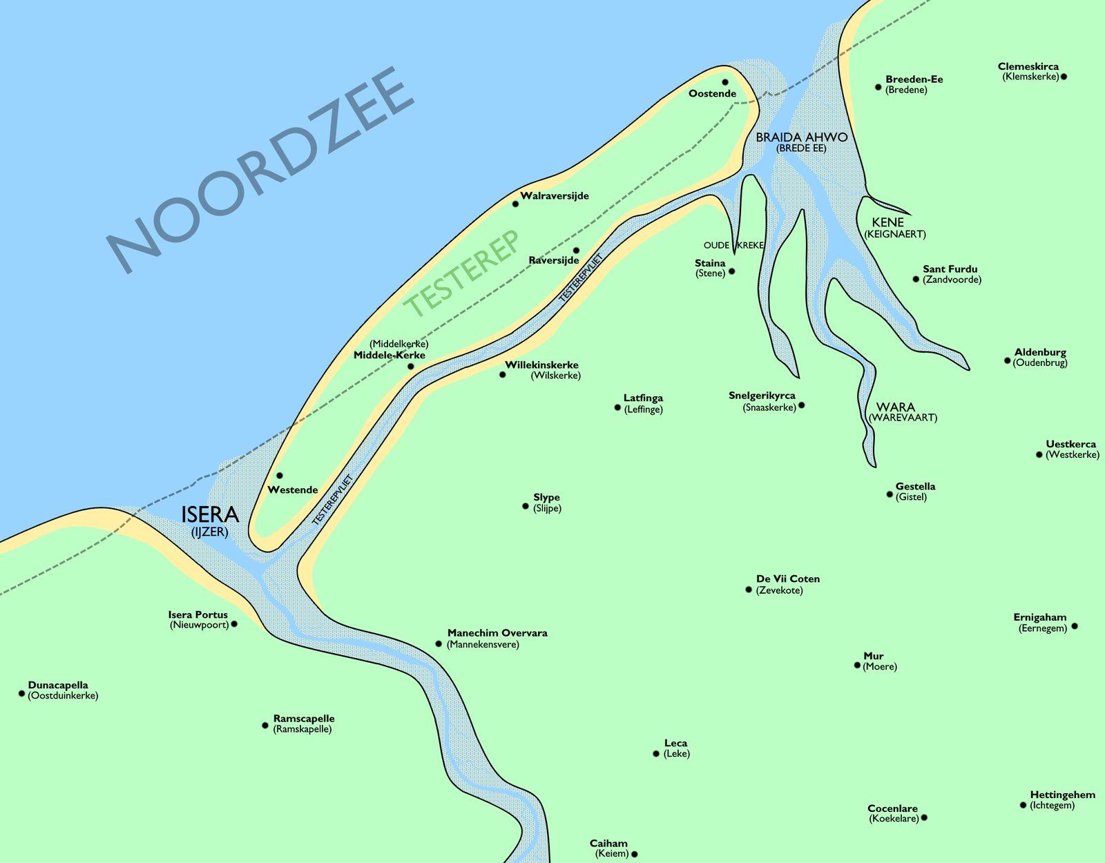 Het eiland Testerep, met Westende, Middele-Kerke en Oostende erop en de Testerepvliet erachter. Kaart: Floris DC, OpenStreetMap-bijdragers, CC BY 4.0 (Wikimedia Commons)